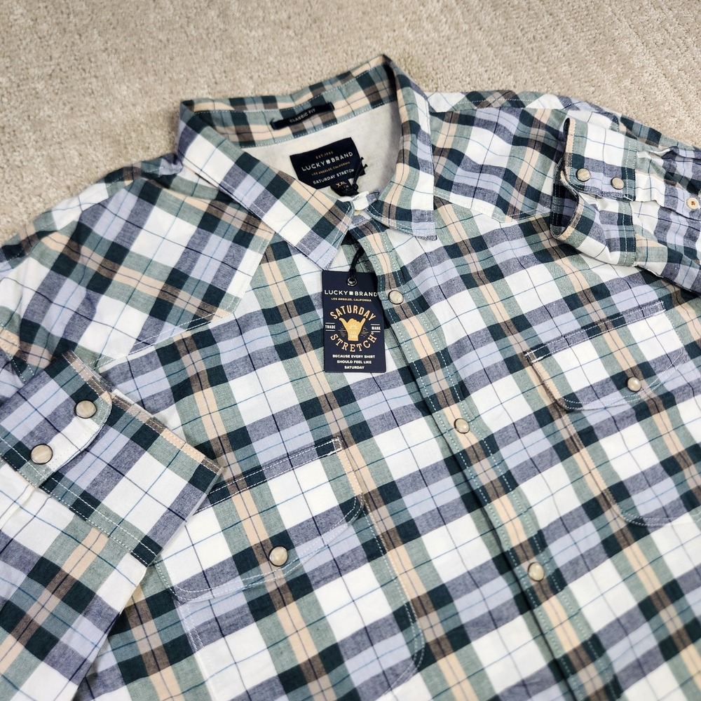 Lucky Brand Shirt Men XXL Pearl Snap Plaid Button Up Saturday Stretch NEW